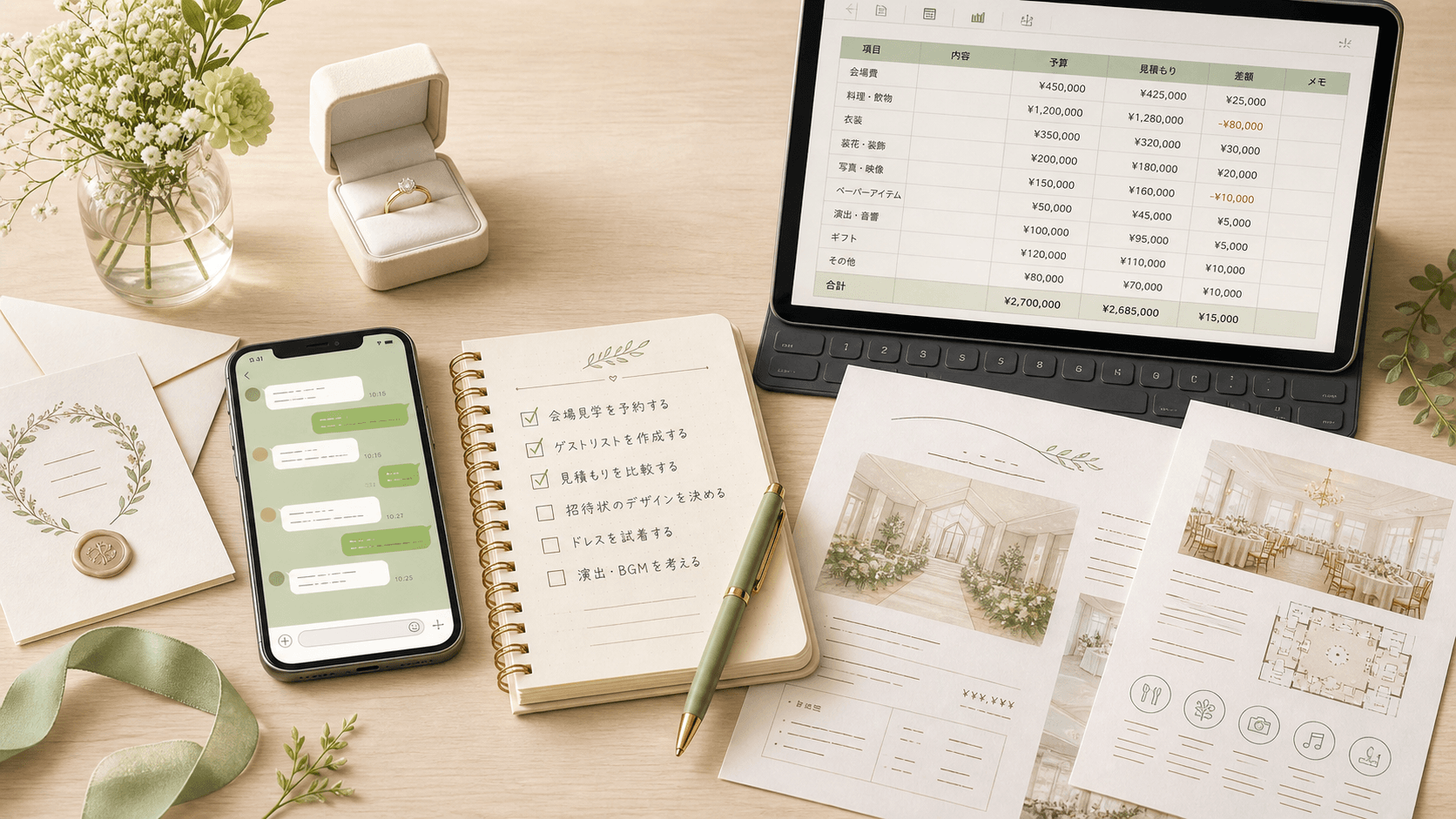 結婚式準備の情報がチャット、メモ、表、資料に分散しているイメージ