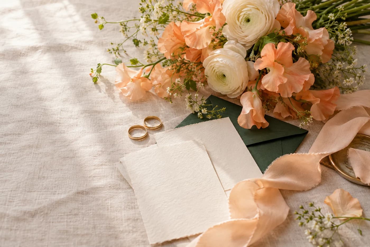 桃色と白の花、結婚指輪、招待状の紙見本を並べた結婚式準備のイメージ